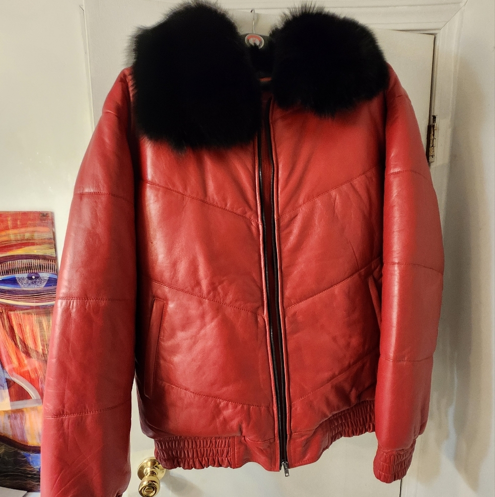Luxury Mens Red Lamb Leather parka with black fox collar